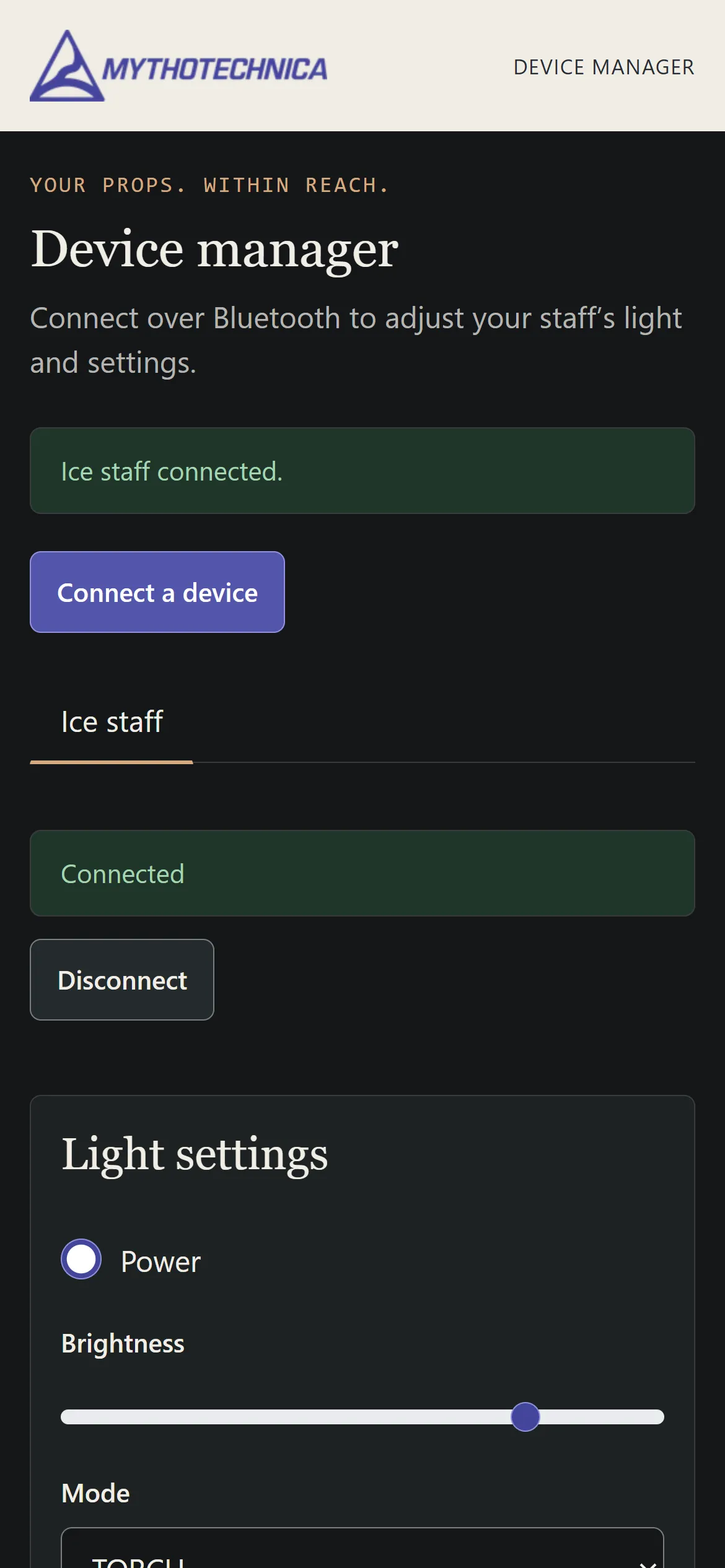 Screenshot of the Bluetooth app on a phone, connected to a staff called Ice staff, with power, brightness and light mode controls