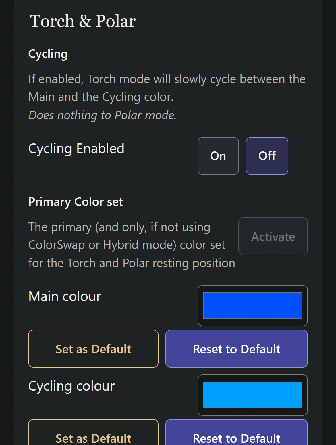 Screenshot of the colour settings: colour cycling switched off, a blue main colour and a light blue cycling colour, each with buttons to save or restore the default