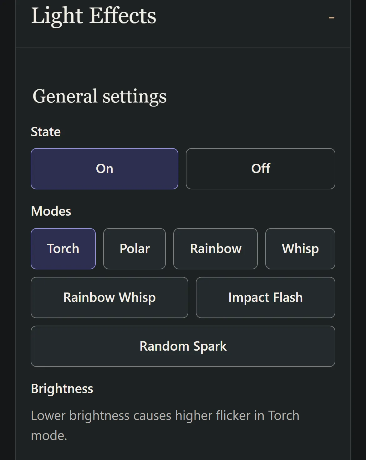 Screenshot of the staff control page on a phone: the staff is on, with the seven light modes and Torch selected