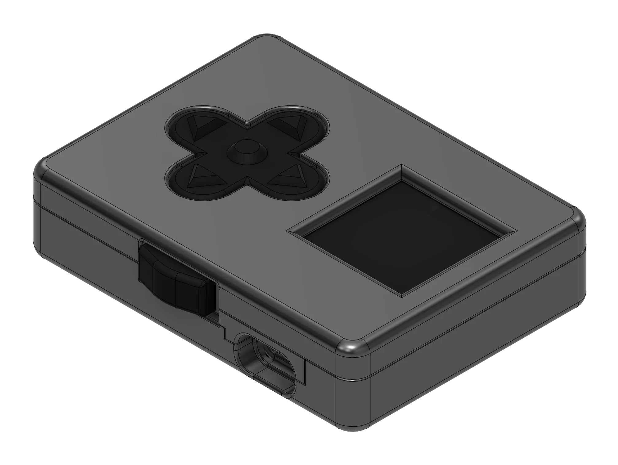 Render of the remote: a small rounded case with a five-button pad and a square screen
