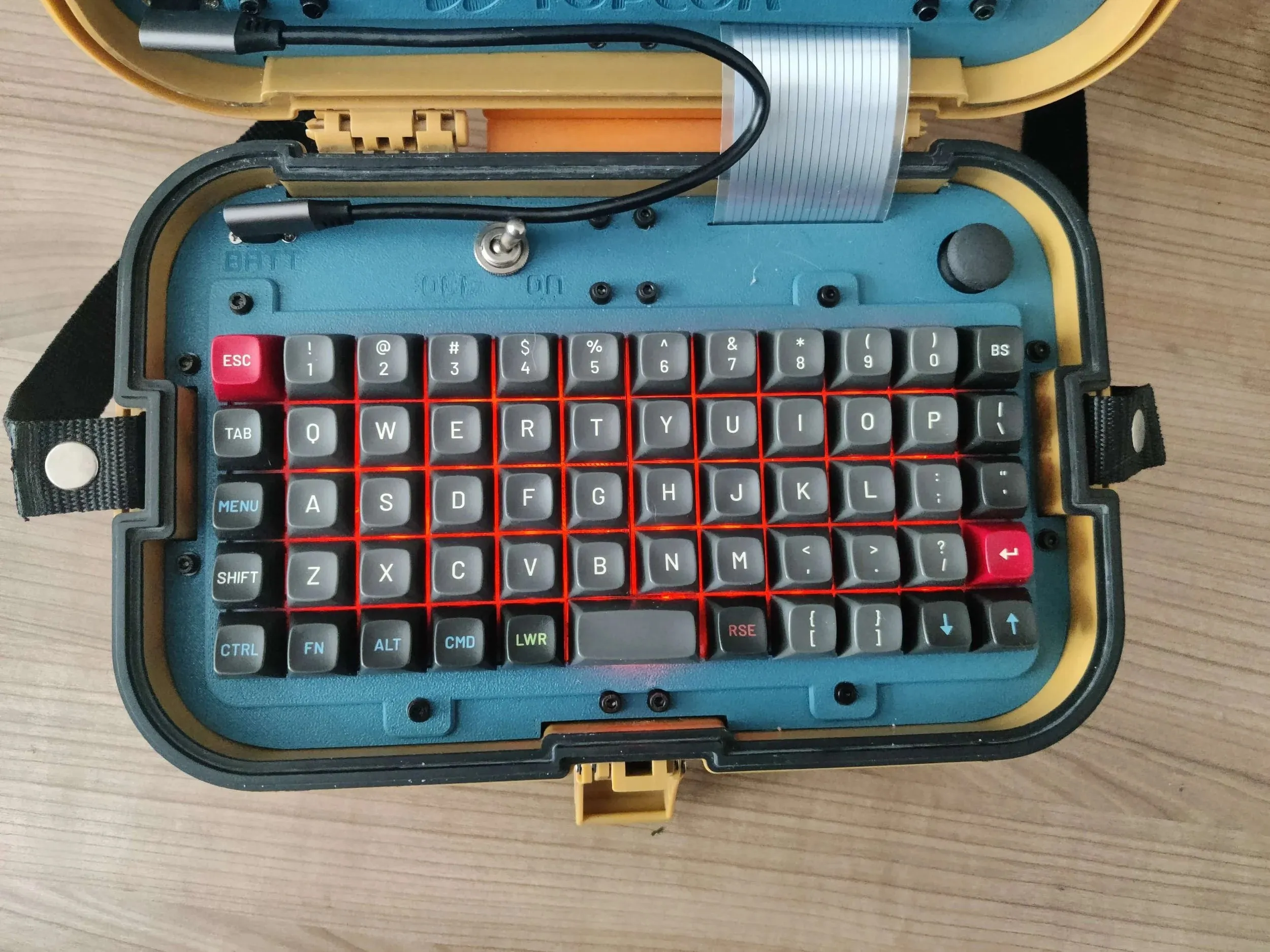 Top-down view of the keyboard set into the base of the case